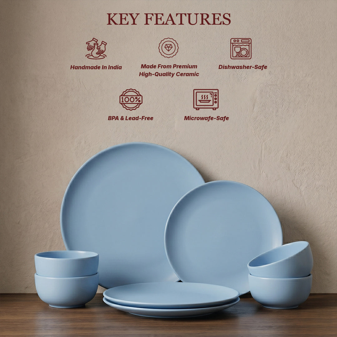 Powder Blue Dinner Set — Set of 8 (2 Dinner Plates, 2 Quarter Plates, 4 Bowls)