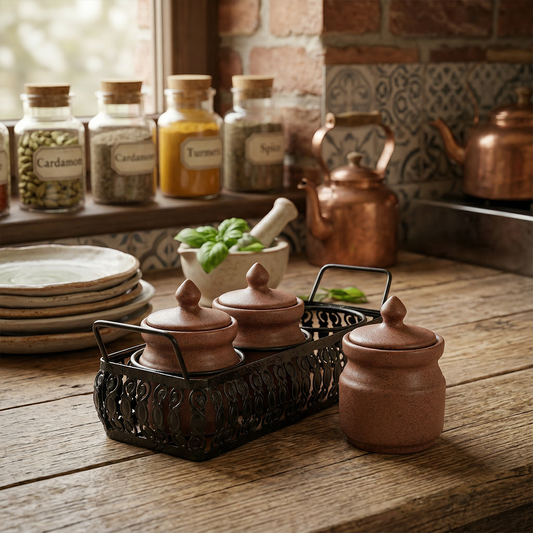 'Table Essentials' Pickle & Condiment Jar Set With Tray (Dark Cocoa, 3-PIECE SET)