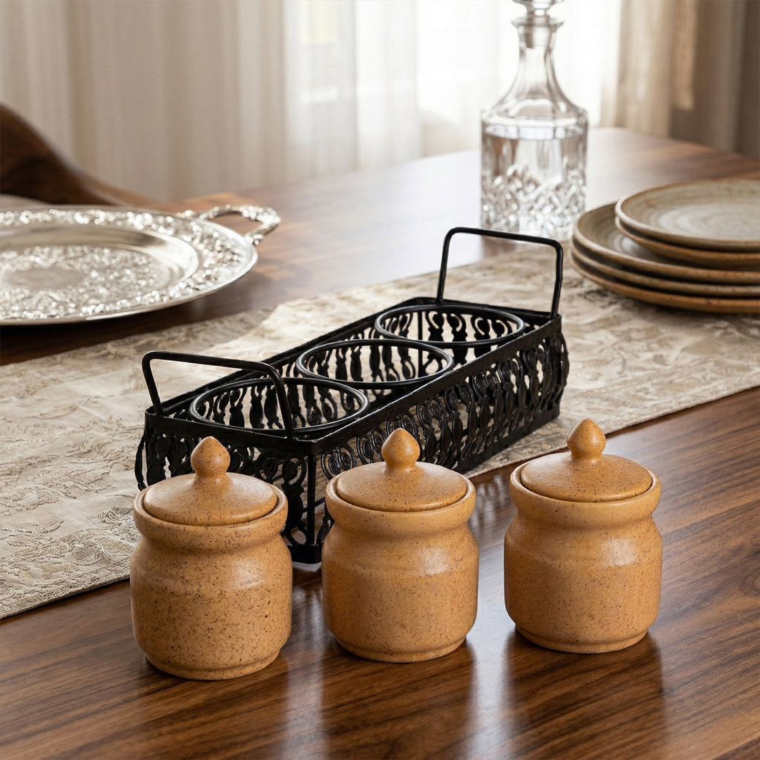 'Table Essentials' Pickle & Condiment Jar Set With Tray (Mustard Yellow, 3-PIECE SET)