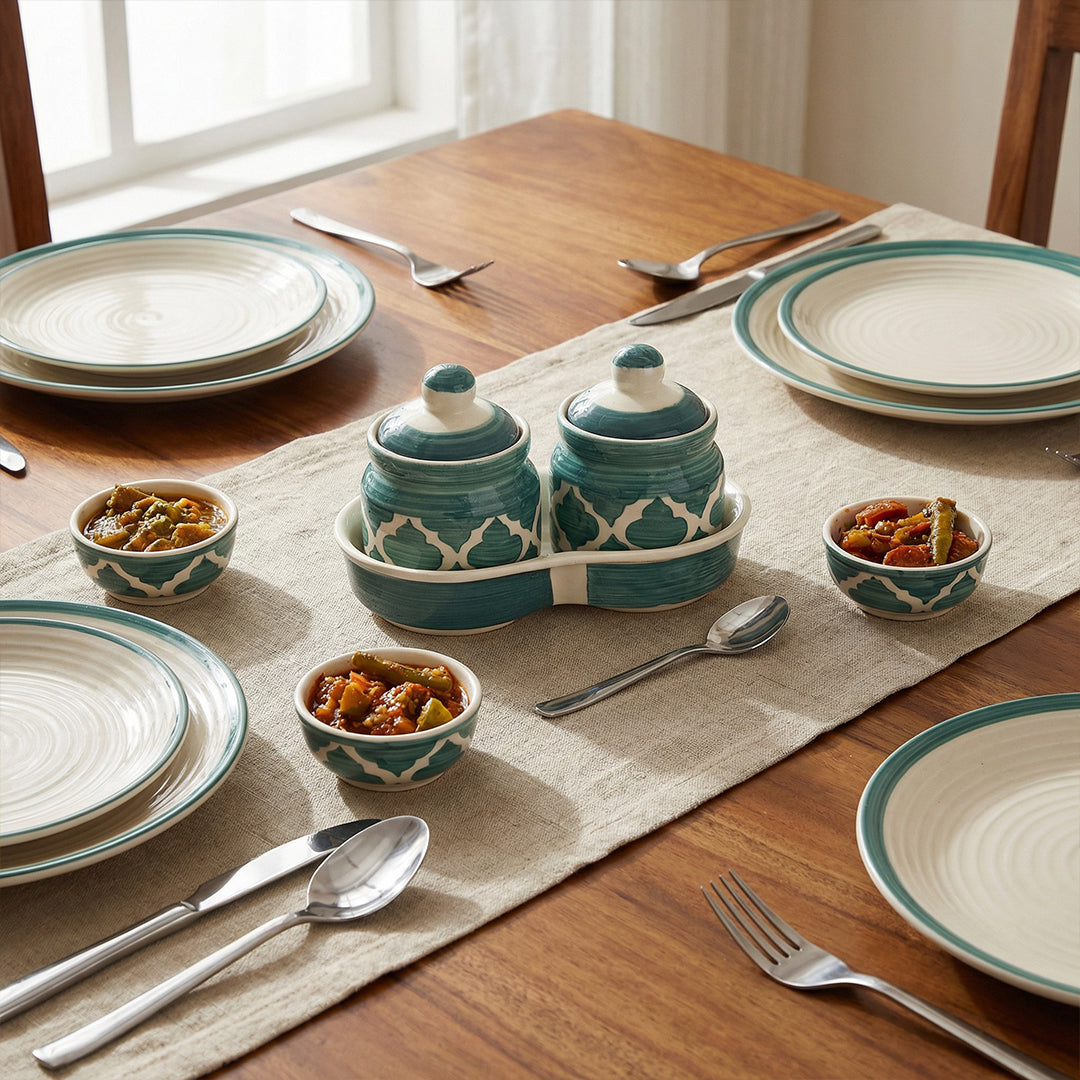 Moroccan Blue Pickle & Condiment Jar Set With Tray (2-PIECE SET)