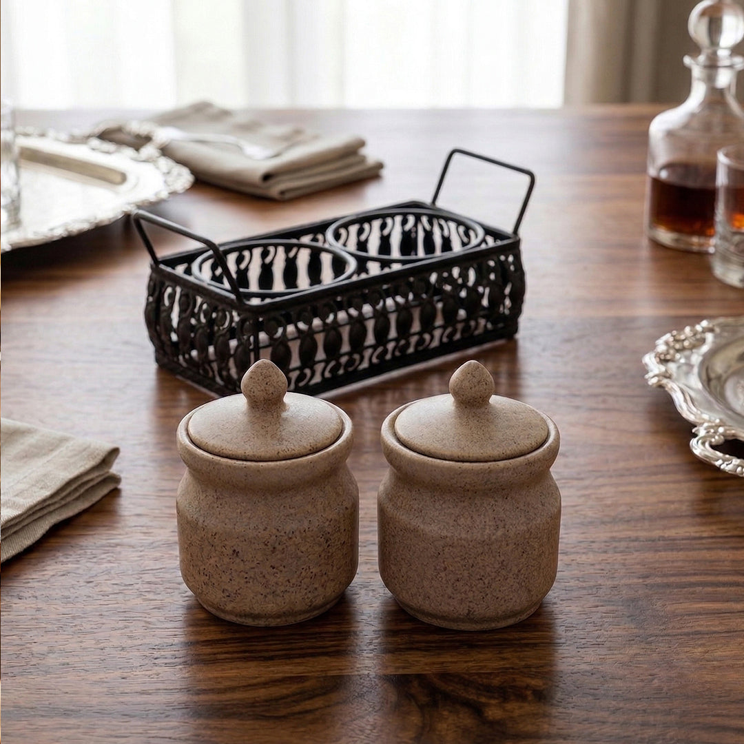 Multipurpose Ceramic Pickle & Condiment Jar set with Tray (Oat Stone, 2-PIECE SET)