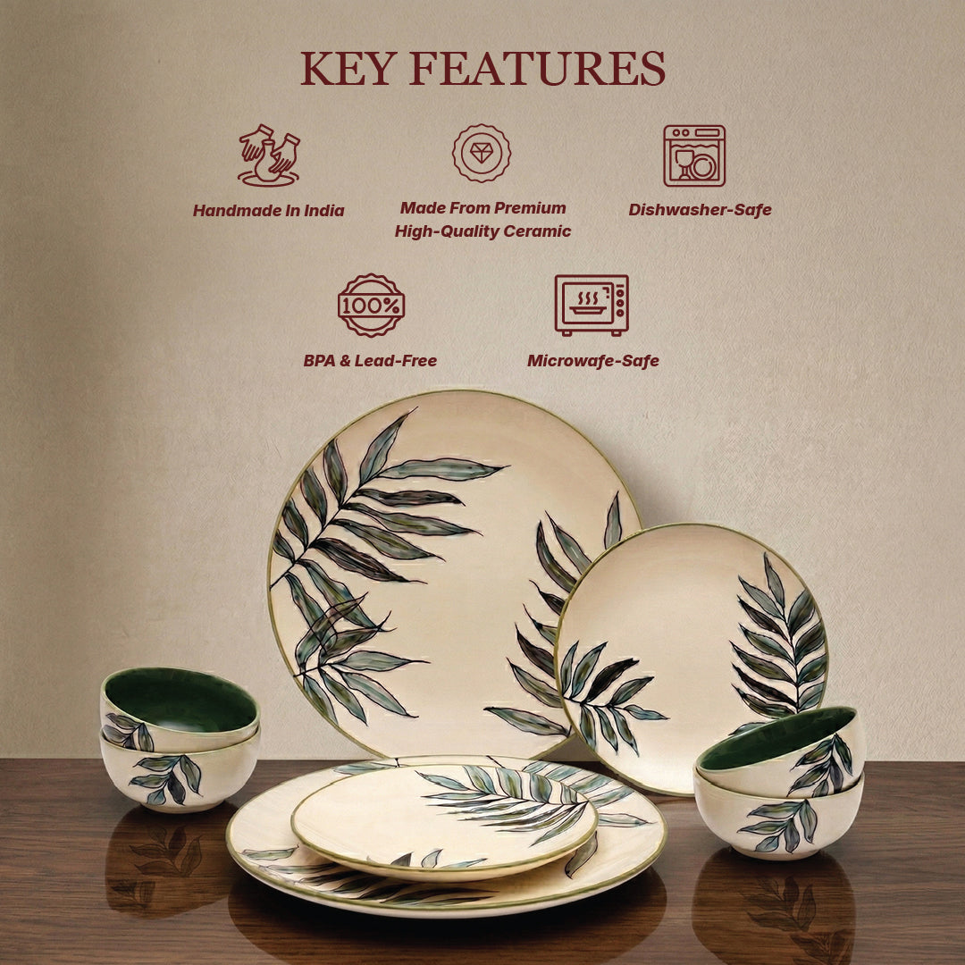 Green Leaf Dinner Set — Set of 8 (2 Dinner Plates, 2 Quarter Plates, 4 Bowls)