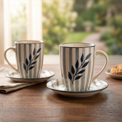 Striped Leaf Cup & Saucer Set — Set of 2, 528 ml