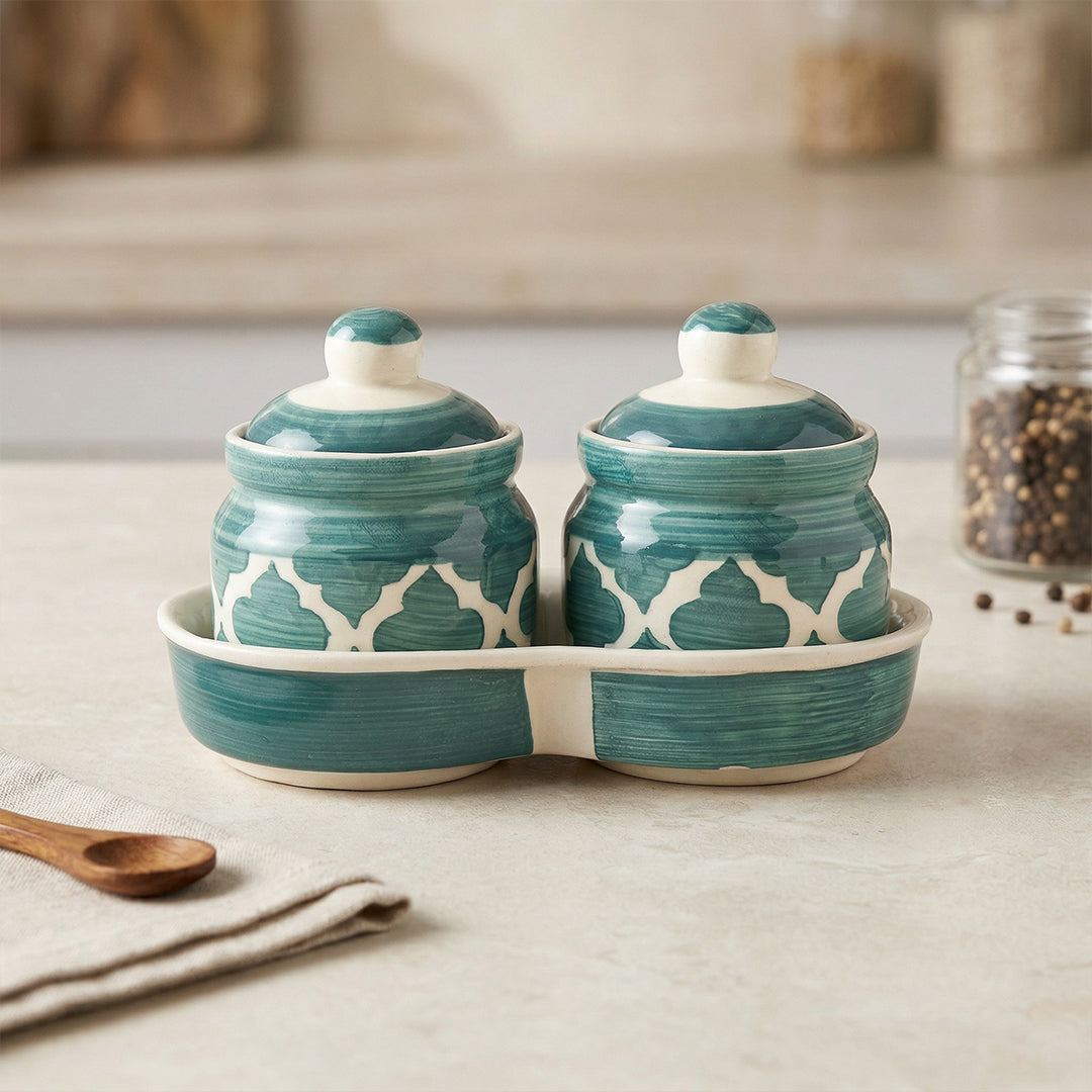Moroccan Blue Pickle & Condiment Jar Set With Tray (2-PIECE SET)