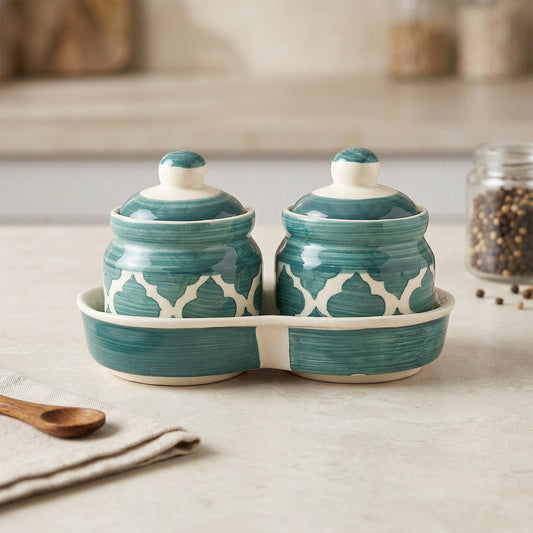 Moroccan Blue Pickle & Condiment Jar Set With Tray (2-PIECE SET)