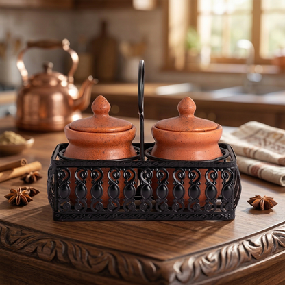 Multipurpose Ceramic Pickle & Condiment Jar set with Tray (Warm Teracotta, 2-PIECE SET)