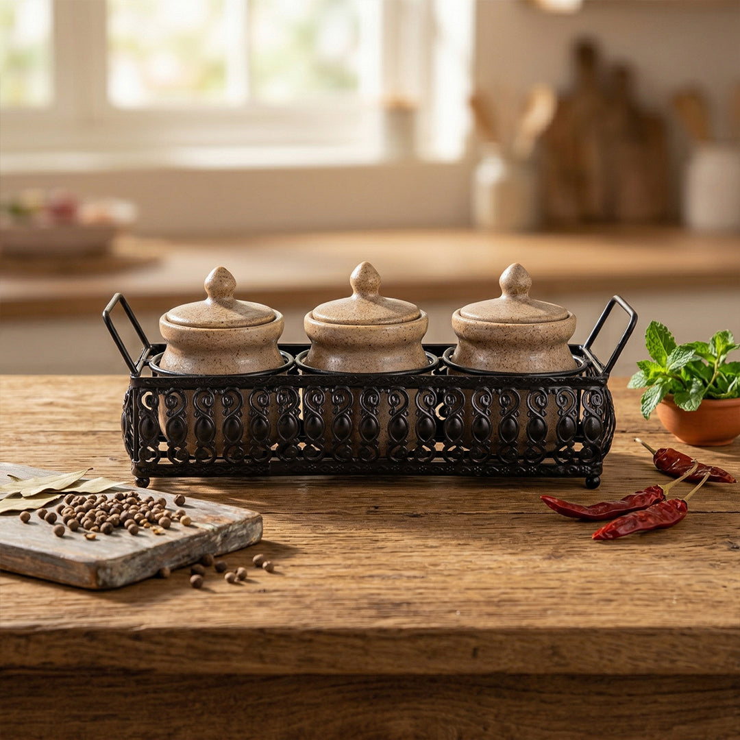 'Table Essentials' Pickle & Condiment Jar Set With Tray (Ash Grey, 3-PIECE SET)