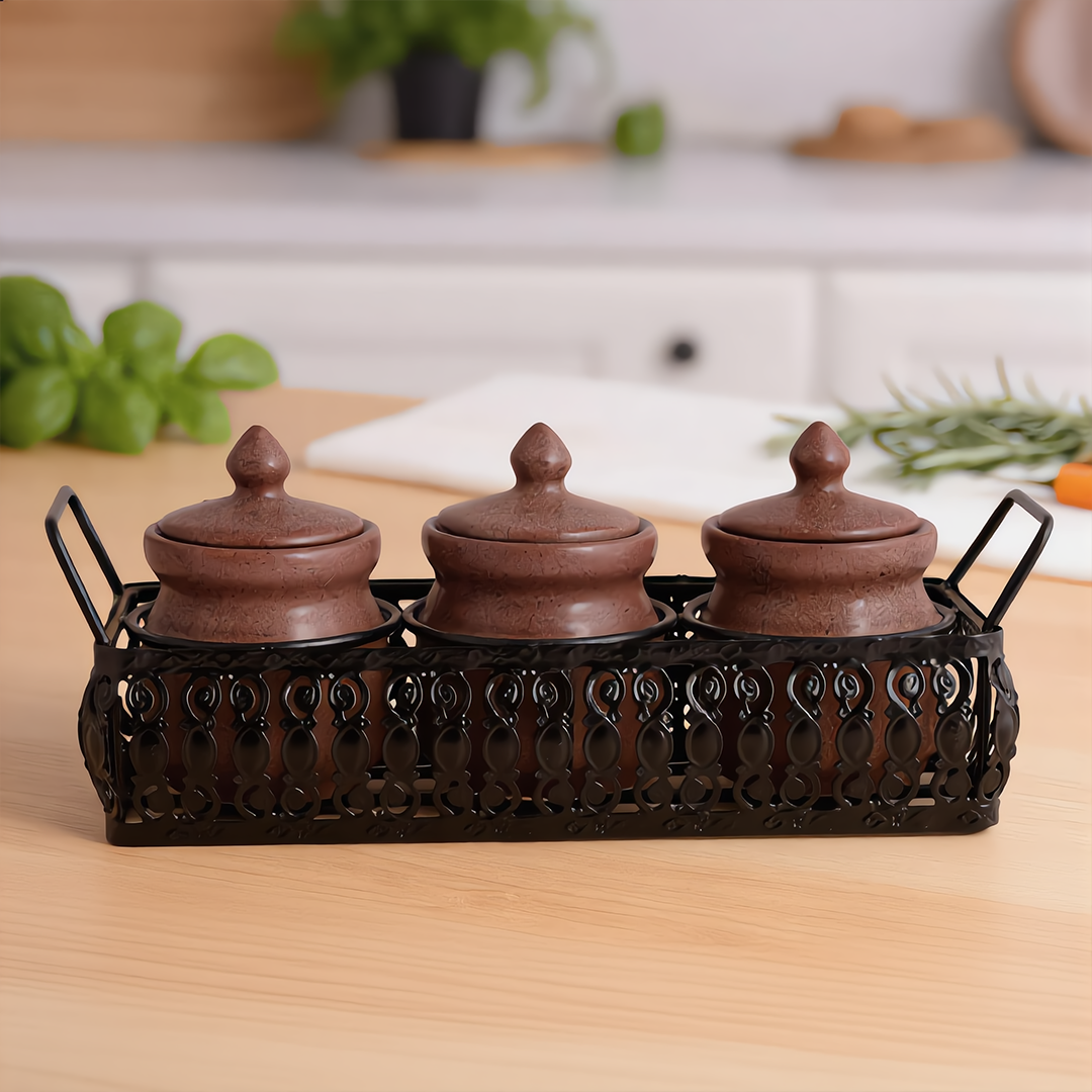 'Table Essentials' Pickle & Condiment Jar Set With Tray (Dark Cocoa, 3-PIECE SET)