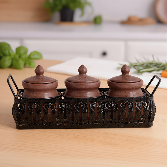 'Table Essentials' Pickle & Condiment Jar Set With Tray (Dark Cocoa, 3-PIECE SET)