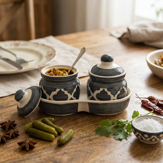Slate Grey Moroccan Pickle & Condiment Jar With Tray (2-PIECE SET)