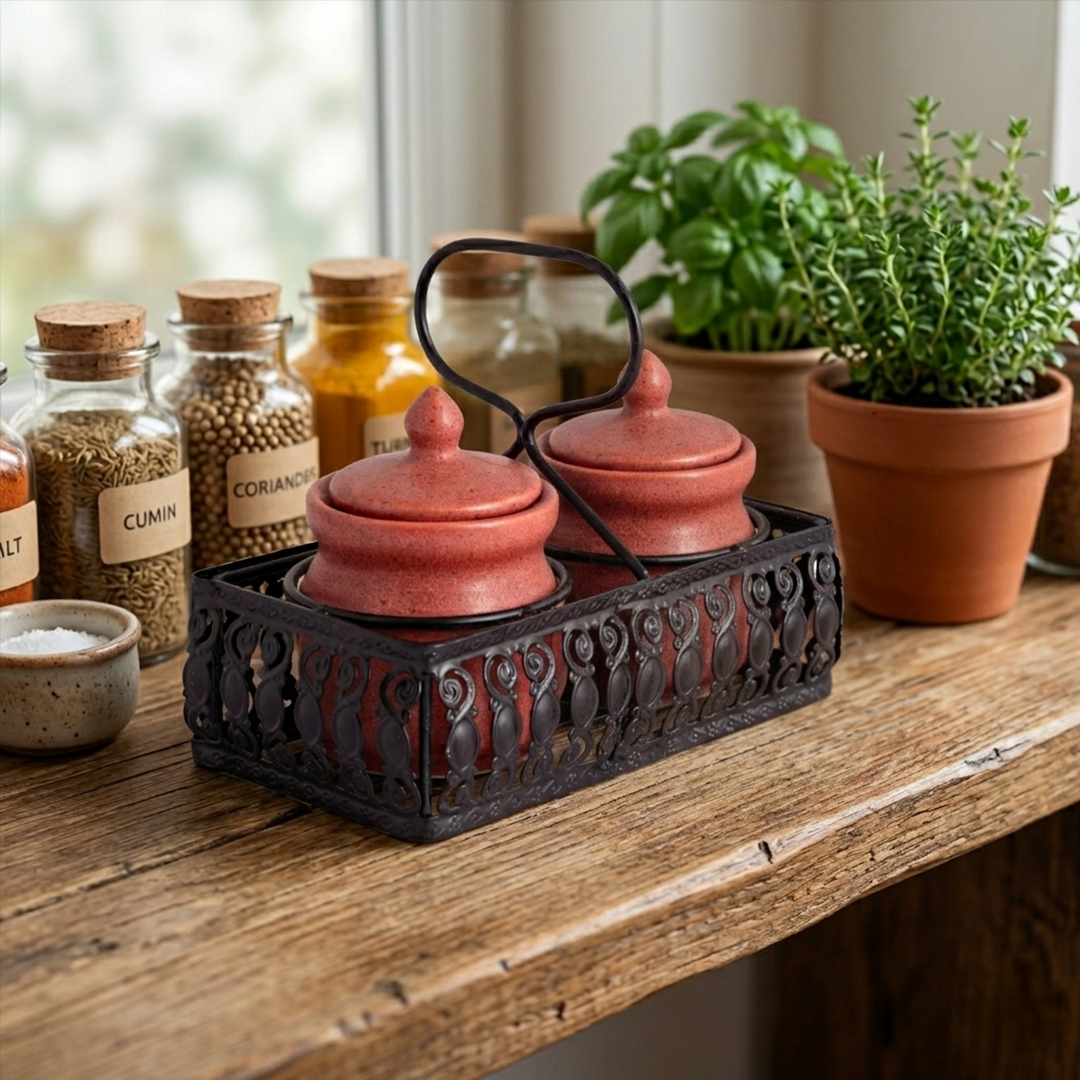 'Table Essentials' Pickle & Condiment Jar Set With Tray (Clay Rose, 2-PIECE SET)