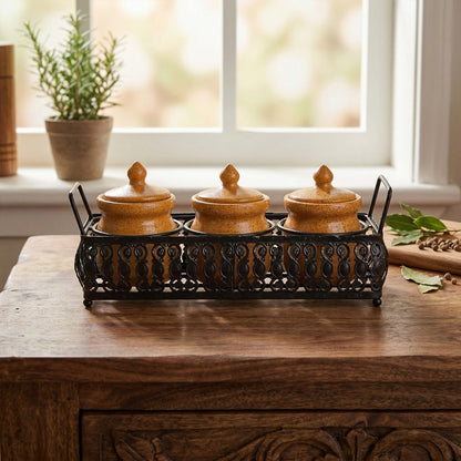 'Table Essentials' Pickle & Condiment Jar Set With Tray (Mustard Yellow, 3-PIECE SET)