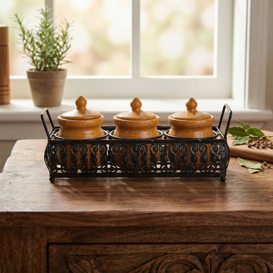 'Table Essentials' Pickle & Condiment Jar Set With Tray (Mustard Yellow, 3-PIECE SET)