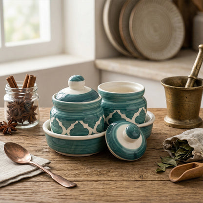 Moroccan Blue Pickle & Condiment Jar Set With Tray (2-PIECE SET)