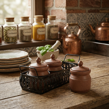 'Table Essentials' Pickle & Condiment Jar Set With Tray (Dark Cocoa, 3-PIECE SET)