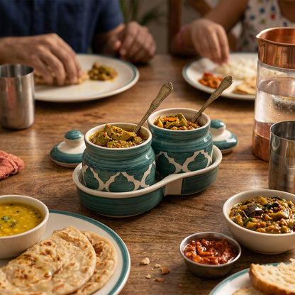 Moroccan Blue Pickle & Condiment Jar Set With Tray (2-PIECE SET)