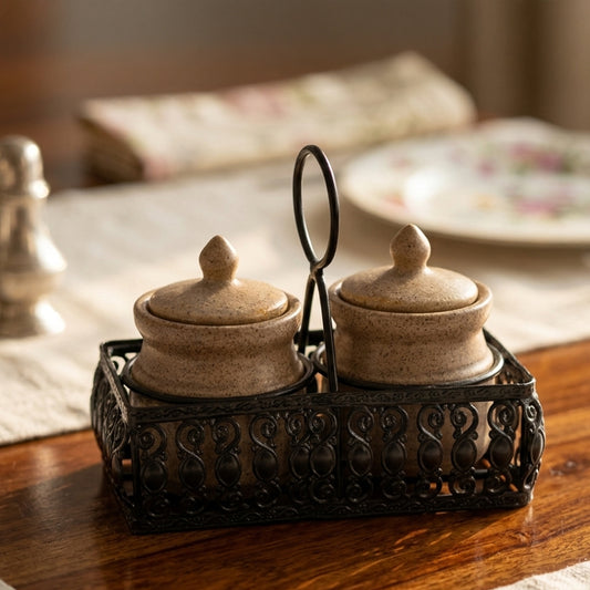 Multipurpose Ceramic Pickle & Condiment Jar set with Tray (Oat Stone, 2-PIECE SET)
