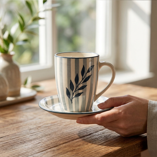 Striped Leaf Cup & Saucer Set — Set of 2, 528 ml