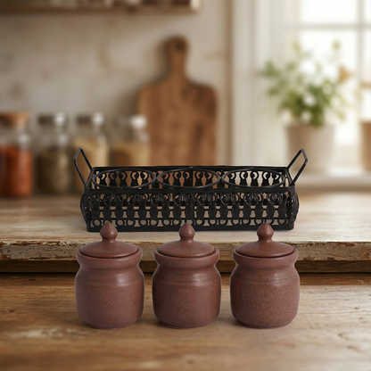 'Table Essentials' Pickle & Condiment Jar Set With Tray (Dark Cocoa, 3-PIECE SET)