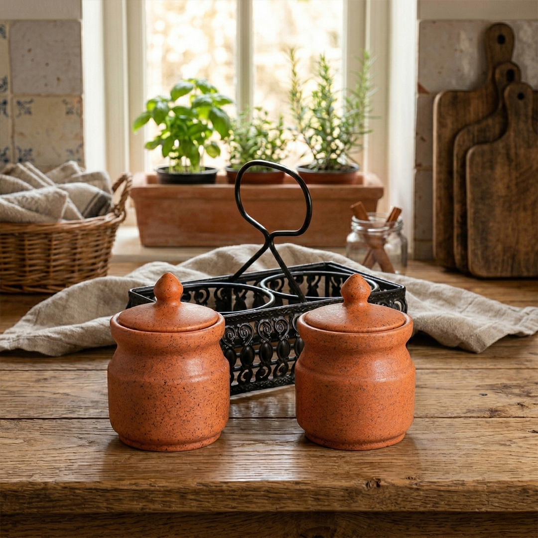 Multipurpose Ceramic Pickle & Condiment Jar set with Tray (Warm Teracotta, 2-PIECE SET)