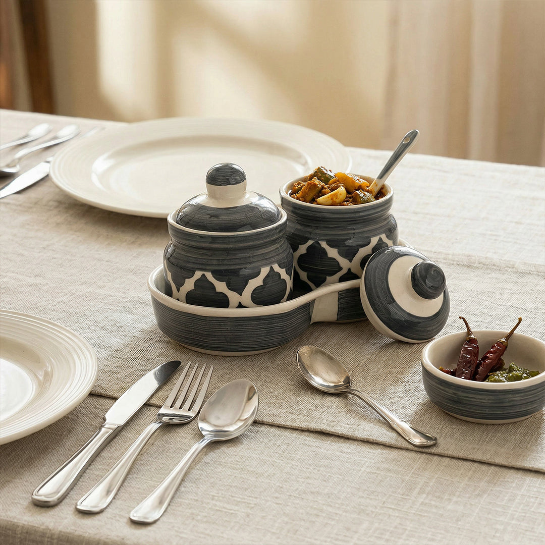 Slate Grey Moroccan Pickle & Condiment Jar With Tray (2-PIECE SET)