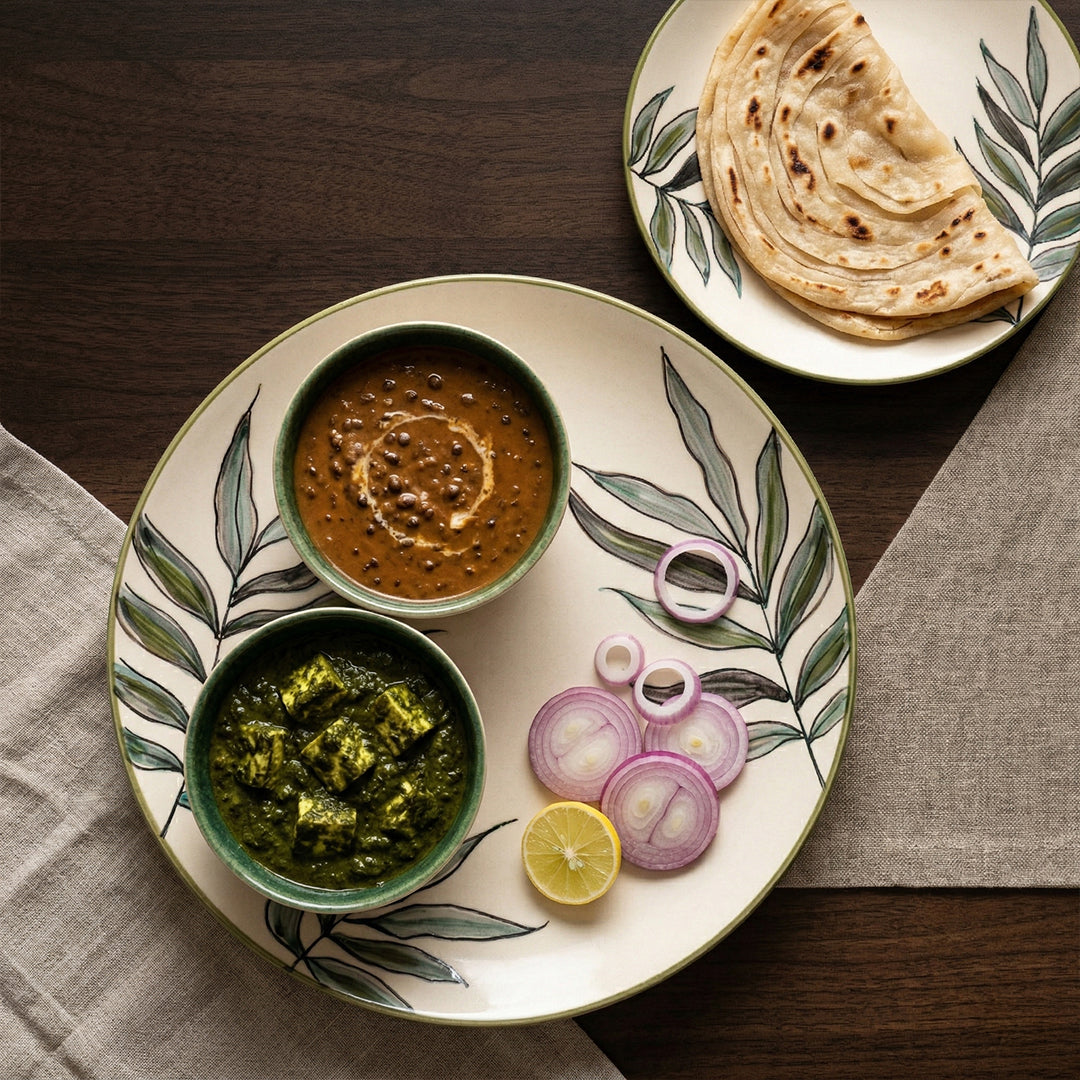 Green Leaf Dinner Set — Set of 4 (1 Dinner Plate, 1 Quarter Plate, 2 Bowls)