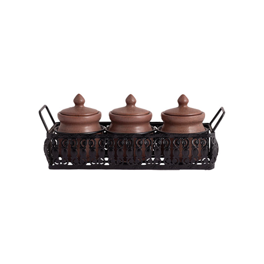 'Table Essentials' Pickle & Condiment Jar Set With Tray (Dark Cocoa, 3-PIECE SET)