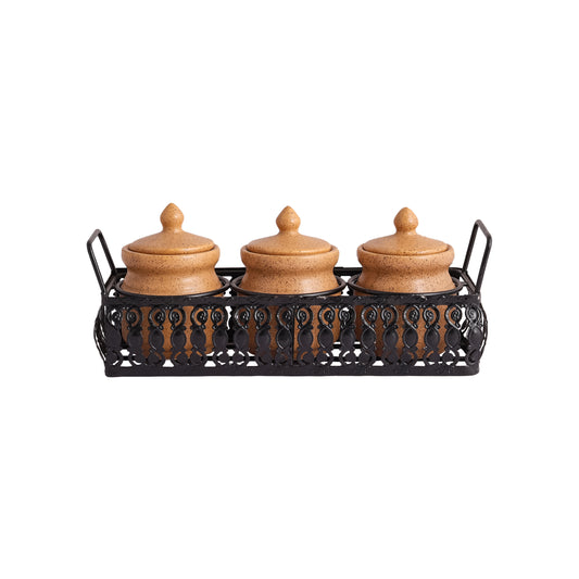'Table Essentials' Pickle & Condiment Jar Set With Tray (Mustard Yellow, 3-PIECE SET)