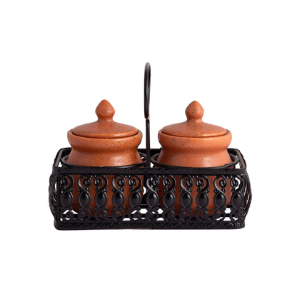 Multipurpose Ceramic Pickle & Condiment Jar set with Tray (Warm Teracotta, 2-PIECE SET)