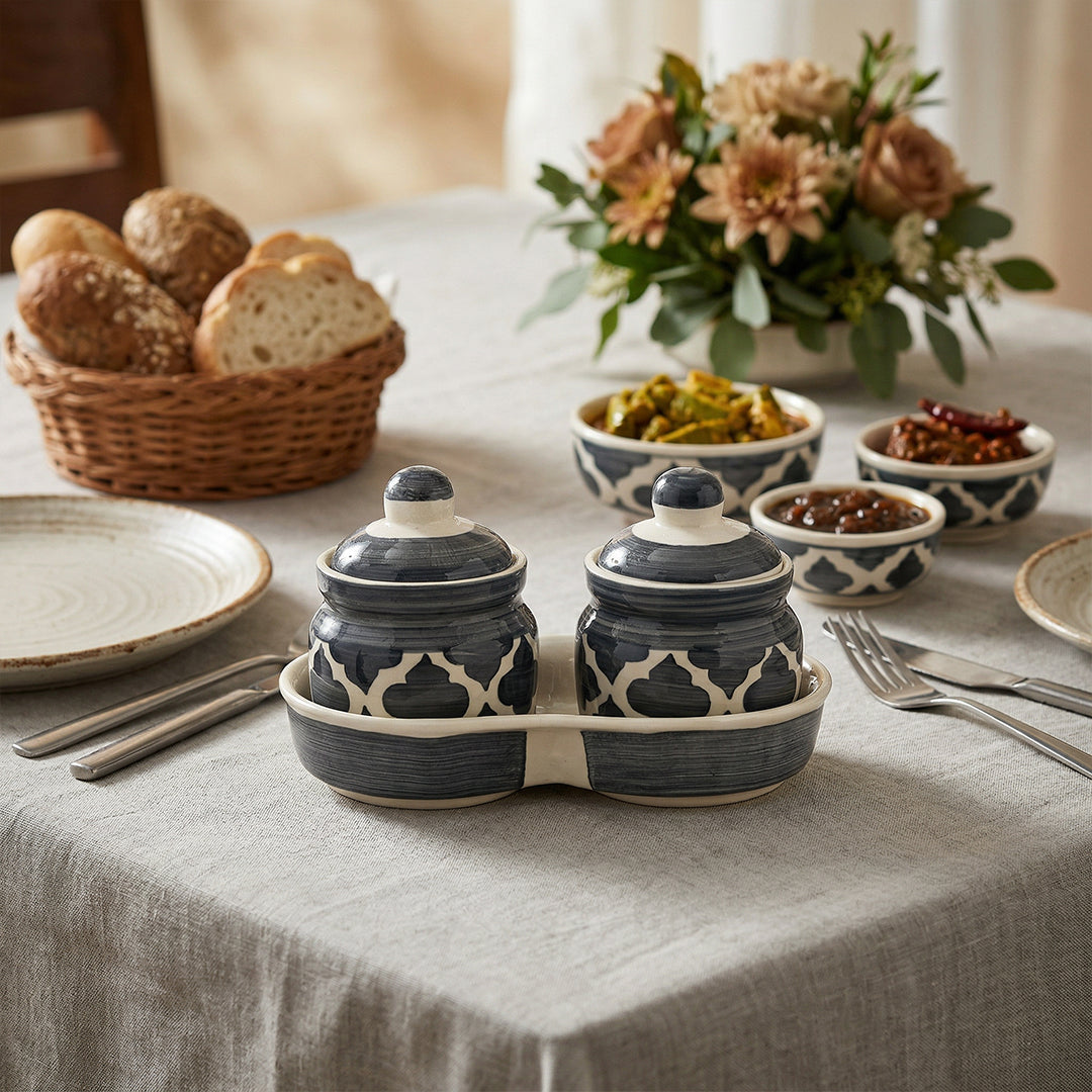 Slate Grey Moroccan Pickle & Condiment Jar With Tray (2-PIECE SET)