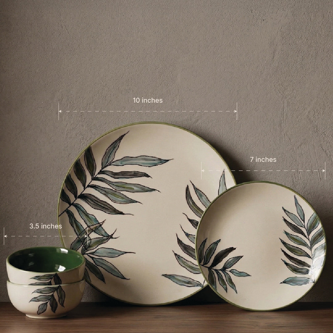 Green Leaf Dinner Set — Set of 4 (1 Dinner Plate, 1 Quarter Plate, 2 Bowls)