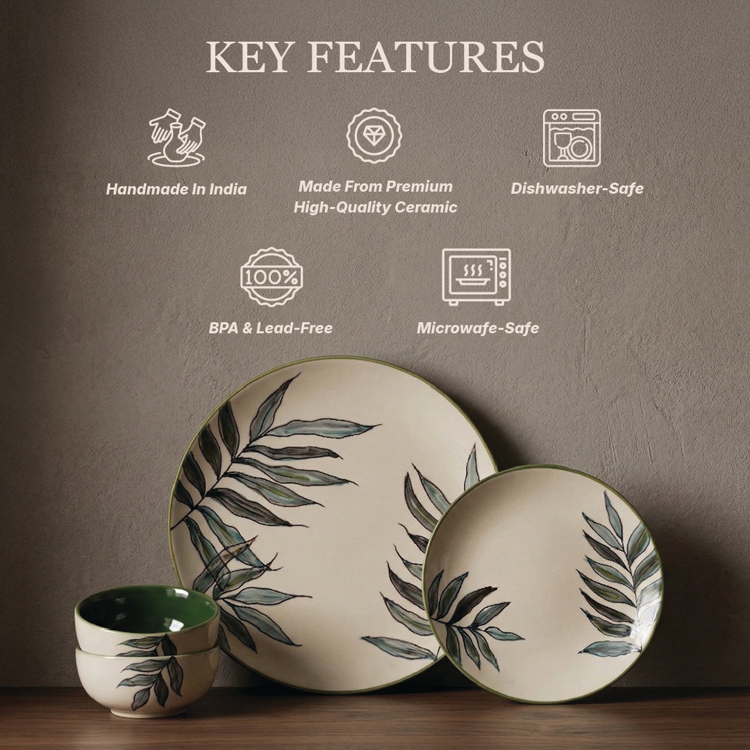 Green Leaf Dinner Set — Set of 4 (1 Dinner Plate, 1 Quarter Plate, 2 Bowls)