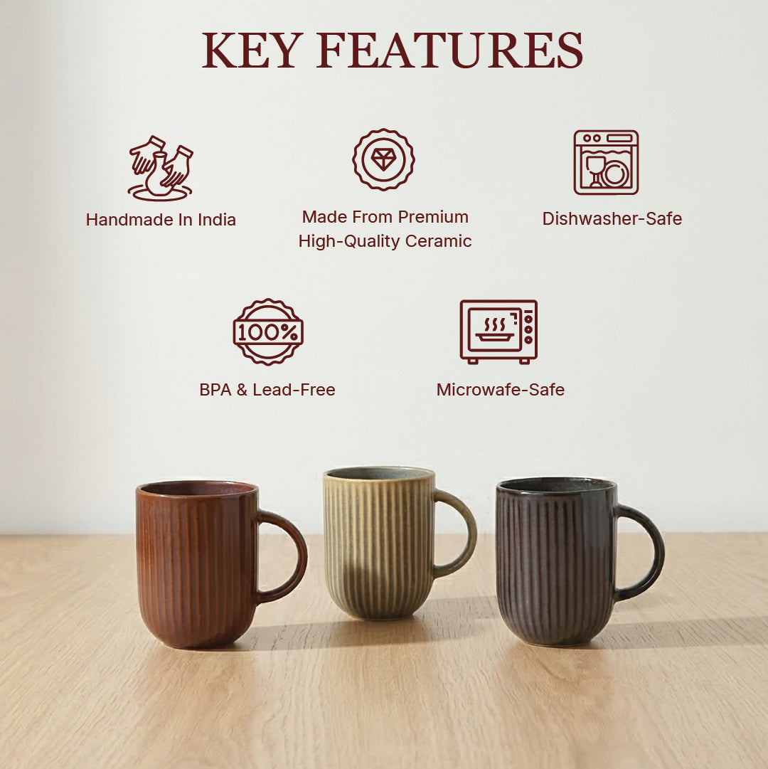 Ribbed Ceramic Coffee Mug — Set of 3, 553 ml