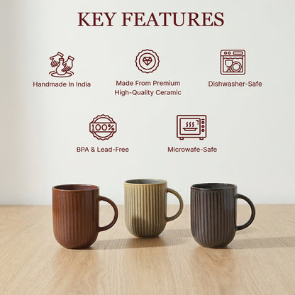 Ribbed Ceramic Coffee Mug — Set of 3, 553 ml