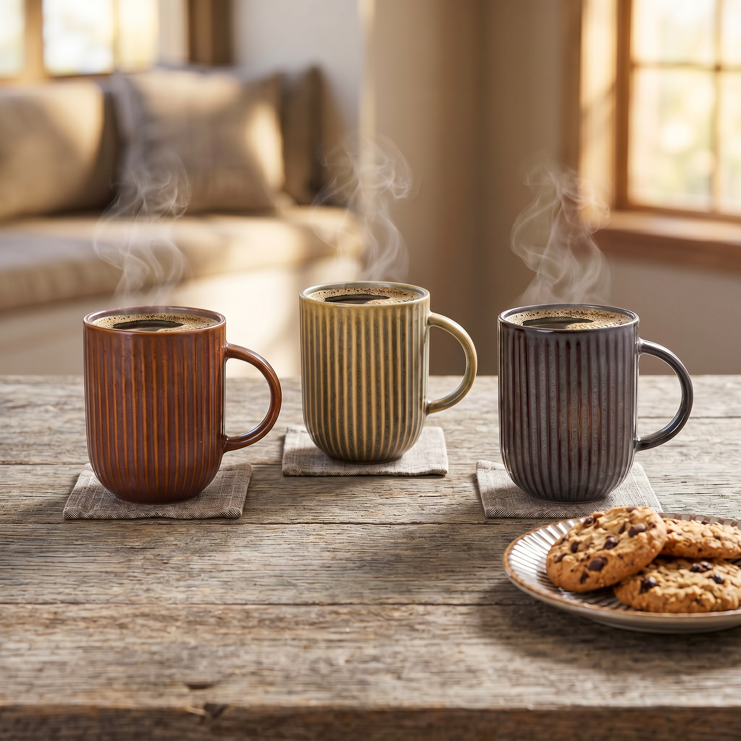 Ribbed Ceramic Coffee Mug — Set of 3, 553 ml