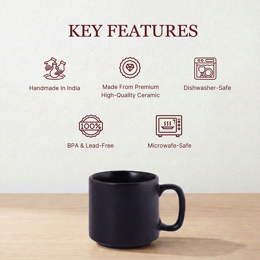 Morning Brew Coffee Mug (Charcoal Black) - Set of 4, 330 ML