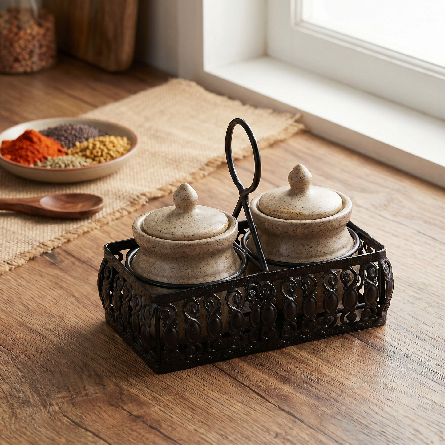 Multipurpose Ceramic Pickle & Condiment Jar set with Tray (Oat Stone, 2-PIECE SET)
