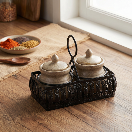 Multipurpose Ceramic Pickle & Condiment Jar set with Tray (Oat Stone, 2-PIECE SET)