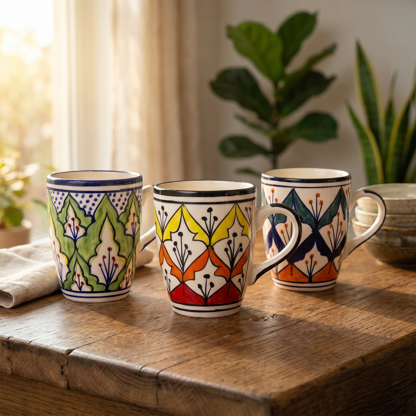 Handpainted Leaf Mug Set — Set of 3, 528 ml